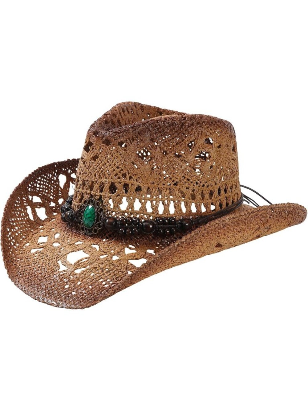 Unisex Caramel Beaded Band Wide Brim Breathable Western Straw Summer Cowgirl Hat